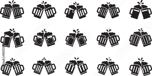 Black beer mugs clinking in various styles white background
