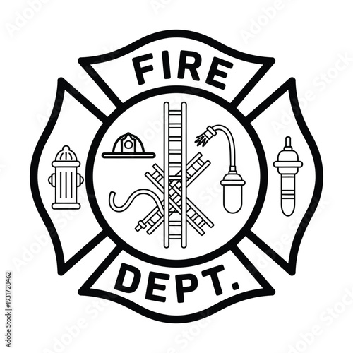 Fireman Emblem on White Background with St. Florian Maltese Cross, Firefighter Symbol, and Fire Department Badge Representing Safety, Courage, and Emergency Services.