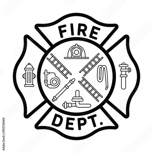 Fireman Emblem on White Background with St. Florian Maltese Cross, Firefighter Symbol, and Fire Department Badge Representing Safety, Courage, and Emergency Services.
