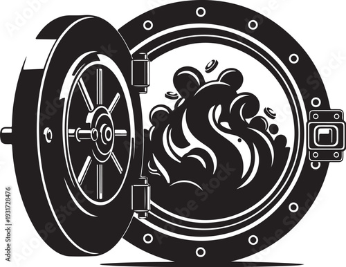 Money pouring out of an open safe vault door