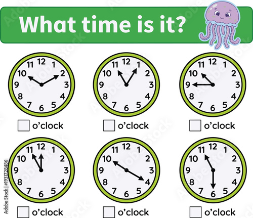 Telling time worksheet for kids, analog clock learning activity, educational printable, preschool math practice, classroom teaching resource illustration