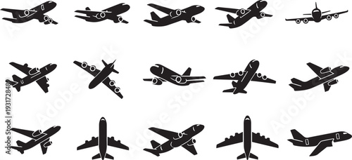 Black silhouettes of airplanes in various flying positions white background