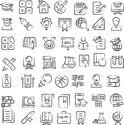 Hand-Drawn Education and School Icon Set, Large Set of Hand-Drawn Education and School Doodle Icons Vector Illustration