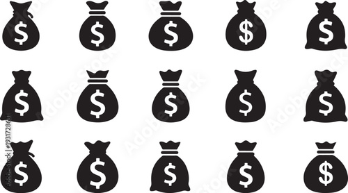 Black money bags with white dollar signs black white background financial symbols cash bags