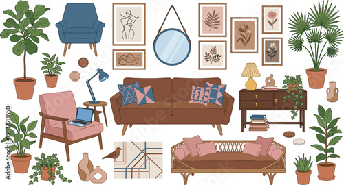 Modern living room furniture collection, cozy home interior decor set, flat vector illustration, plants, sofa, chairs, decorative accessories elements