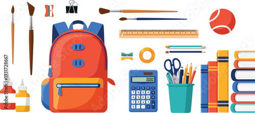 School Backpack and Art Supplies Vector Set with Paint Brushes, Calculator, Books, Stationery and Creative Classroom Tools in Bright Cartoon Illustration Style