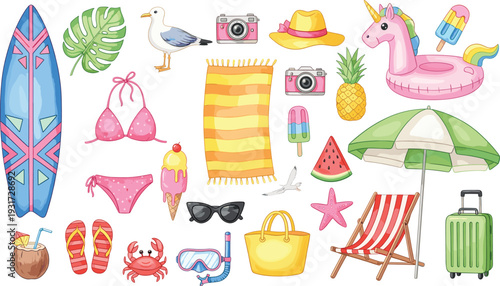 Summer Beach Vacation Vector Set with Surfboard, Bikini, Sunglasses, Inflatable Unicorn, Pineapple and Tropical Travel Accessories in Cute Cartoon Illustration Style