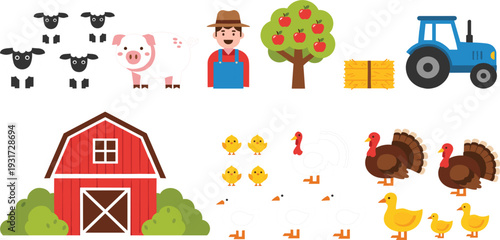 Farm Elements Cartoon Vector Set with Barn Tractor Farmer Animals Poultry Orchard and Hay Bale Illustration