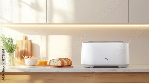 Wallpaper Mural A modern kitchen setting featuring a white toaster, fresh bread, and morning beverages Torontodigital.ca