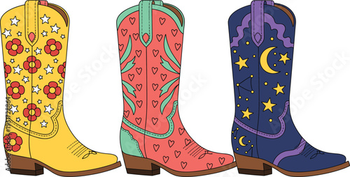 Colorful Western Cowboy Boots with Floral, Heart and Celestial Patterns Vector Illustration Set