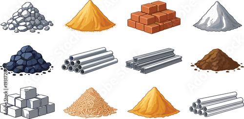 Construction Raw Materials Set with Sand, Gravel, Bricks, Concrete Blocks, Steel Beams and Pipes Vector Illustration
