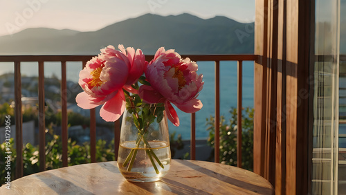 Pink Peonies in Glass Vase with Natural Light and Mountain View
