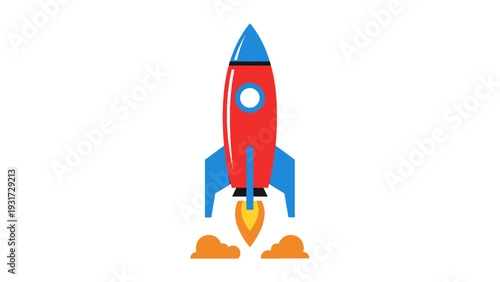 Red Rocket Launching with Orange Flames and Smoke