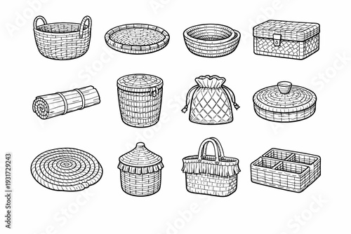 Rope basket organizer vector fiber tray bamboo box storage simple generation icon