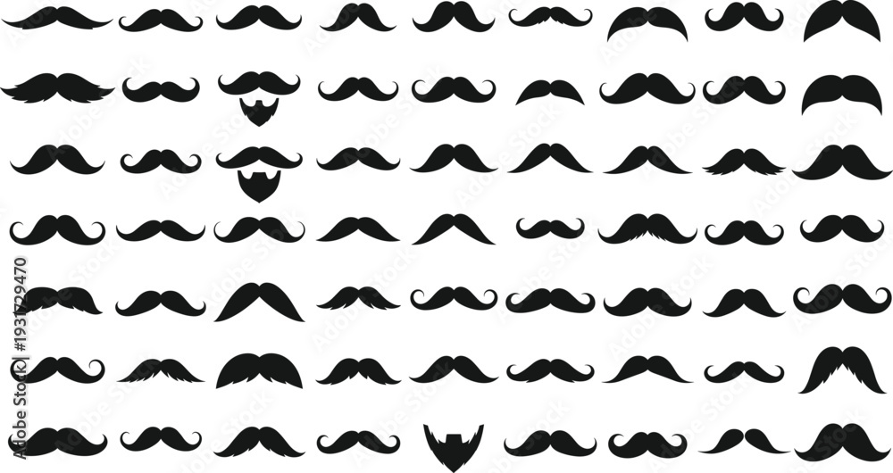 Fototapeta premium Mustache Silhouette Vector Set with Vintage Beard and Facial Hair Styles, Retro Barber Shop Moustache Icons in Minimal Black Graphic Design