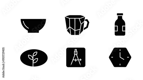 Set of 6 Black Icons: Bowl, Mug, Bottle, Plant, Compass, Clock