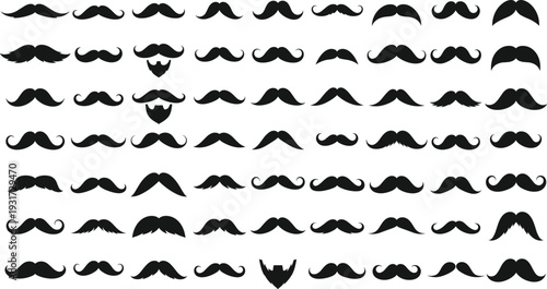 Mustache Silhouette Vector Set with Vintage Beard and Facial Hair Styles, Retro Barber Shop Moustache Icons in Minimal Black Graphic Design