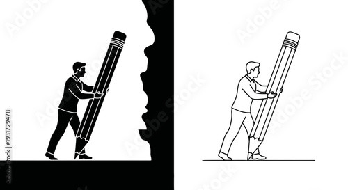 A determined man pushing a giant pencil forward, representing hard work, creative effort, and educational endeavor.