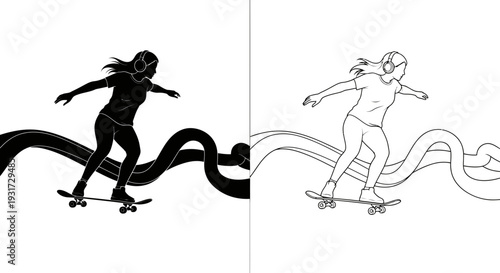 A dynamic illustration of a female skateboarder in motion with abstract flowing elements, embodying freedom and active lifestyle.