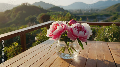 Pink Peonies in Glass Vase with Natural Light and Mountain View