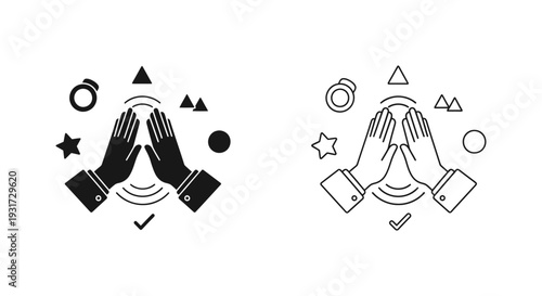 Two hands meet in a gesture of prayer or clapping, surrounded by abstract geometric shapes and symbols.