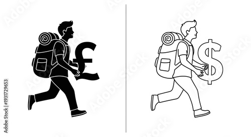 A travel enthusiast with a backpack is depicted running while carrying a large British Pound sterling symbol.