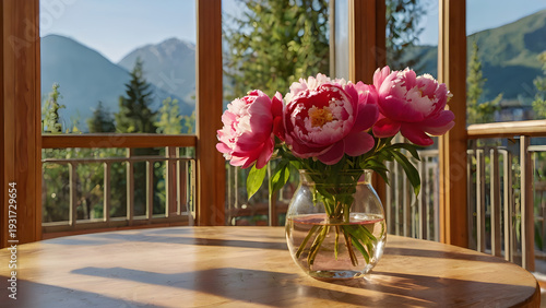 Pink Peonies in Glass Vase with Natural Light and Mountain View