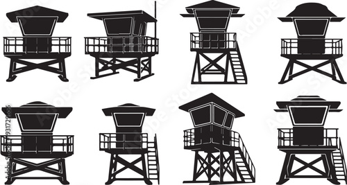Set of lifeguard tower silhouettes in various designs and angles