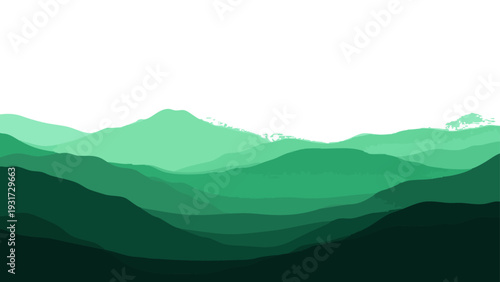 Vector A Serene Panorama: Abstract illustration of cascading emerald peaks and rolling hills, rendered in layered tonal variations against an expansive, clear sky.