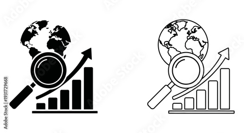 A magnifying glass, a rising bar chart, and a globe illustrate global market analysis and business growth trends.
