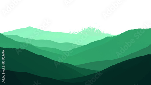 Vector A layered and minimalist depiction of a mountainous landscape. The serene scene showcases a series of peaks and valleys rendered in gradations of green.