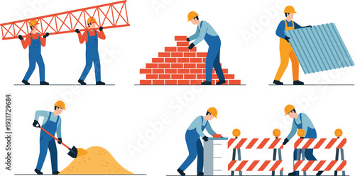 Construction Workers Performing Building Tasks Set, Bricklaying, Carrying Materials and Road Barrier Installation Vector Illustration