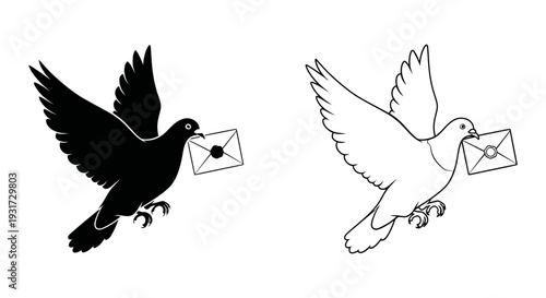 A graceful dove flies with an envelope in its beak, symbolizing messages and peace.