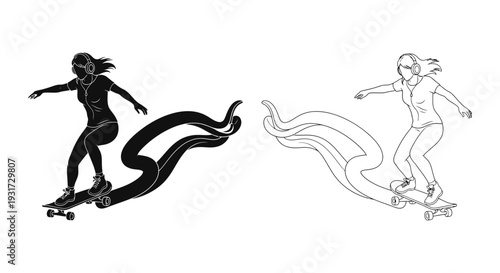 A stylish woman skilfully rides a skateboard with a dynamic, flowing element trailing behind her.