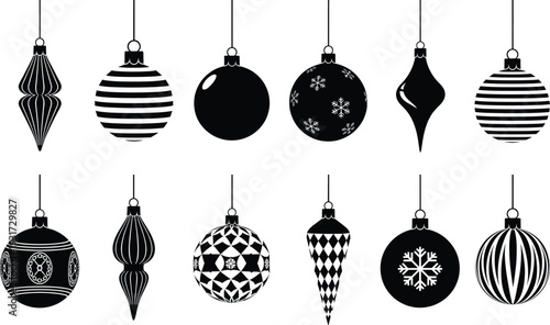 Christmas Bauble Silhouette Vector Set with Hanging Holiday Ornaments, Decorative Black Tree Decorations in Minimal Festive Graphic Illustration Style
