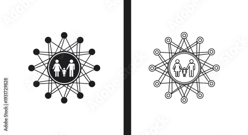 A stylized family icon enclosed within a interconnected network circle in two distinct styles.