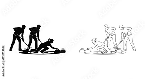 A team of curlers actively sweeping and delivering a stone on the ice.