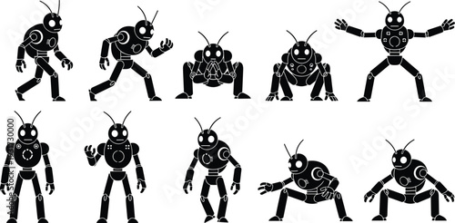 Black silhouette insect robot character sprite sheet featuring various poses, walking, crouching, standing, and action movements for game design and animation.