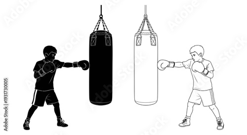 A male boxer actively training with a heavy punching bag, demonstrating fitness, strength, and discipline.