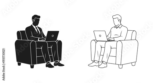 A professional man in a suit sits comfortably in an armchair, working on a laptop, symbolizing remote work and business.