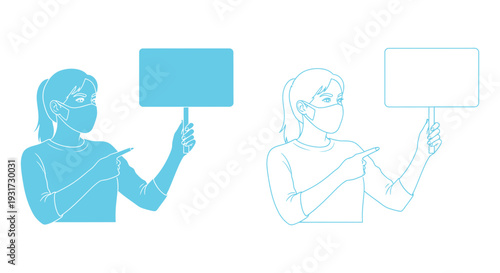A woman wearing a blue face mask holds a blank placard and points, indicating a public health message.