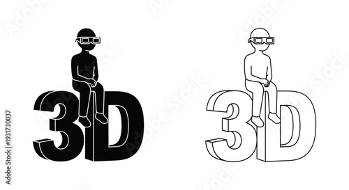 A person wearing virtual reality goggles is sitting on large 3D text, exploring digital dimensions.