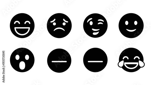 Set of Black Emoji Icons: Happy, Sad, Winking, Laughing, Surprised, Neutral