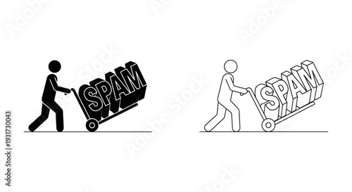 A person pushes a cart loaded with the large word "SPAM," representing unsolicited digital communication.