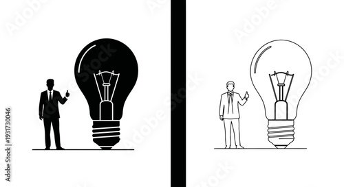 A small businessman stands beside a giant illuminated light bulb, symbolizing a groundbreaking idea or innovation.