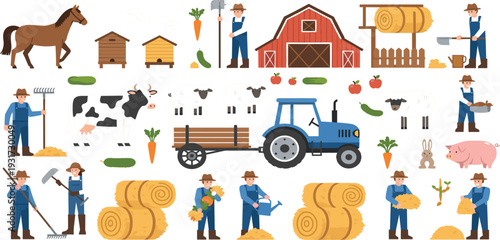 Farm Life Cartoon Vector Set with Farmers Barn Tractor Livestock Hay Bales and Agriculture Elements