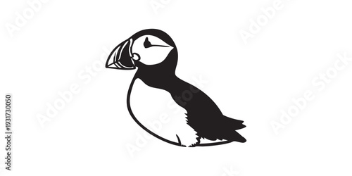 Minimal flat vector icon of a puffin bird, simple solid black silhouette, clean monochrome design, isolated on white background.