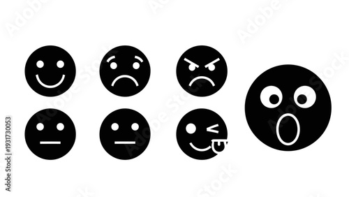Set of Black Emotion Icons: Happy, Sad, Angry, Shocked, Neutral, Winking Faces