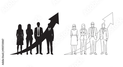 A diverse group of business professionals stands alongside a bold upward trending arrow, signifying growth and success.