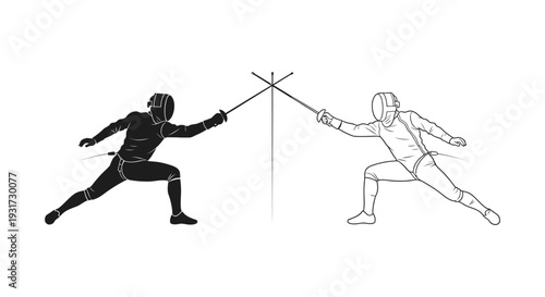 Two fencers are engaged in an intense duel, representing competition, challenge, and strategic confrontation.